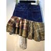 European Station Spring Clothing New Splicing Plaid Lace Skirt High Waist Elastic Denim Skirt Short Skirt