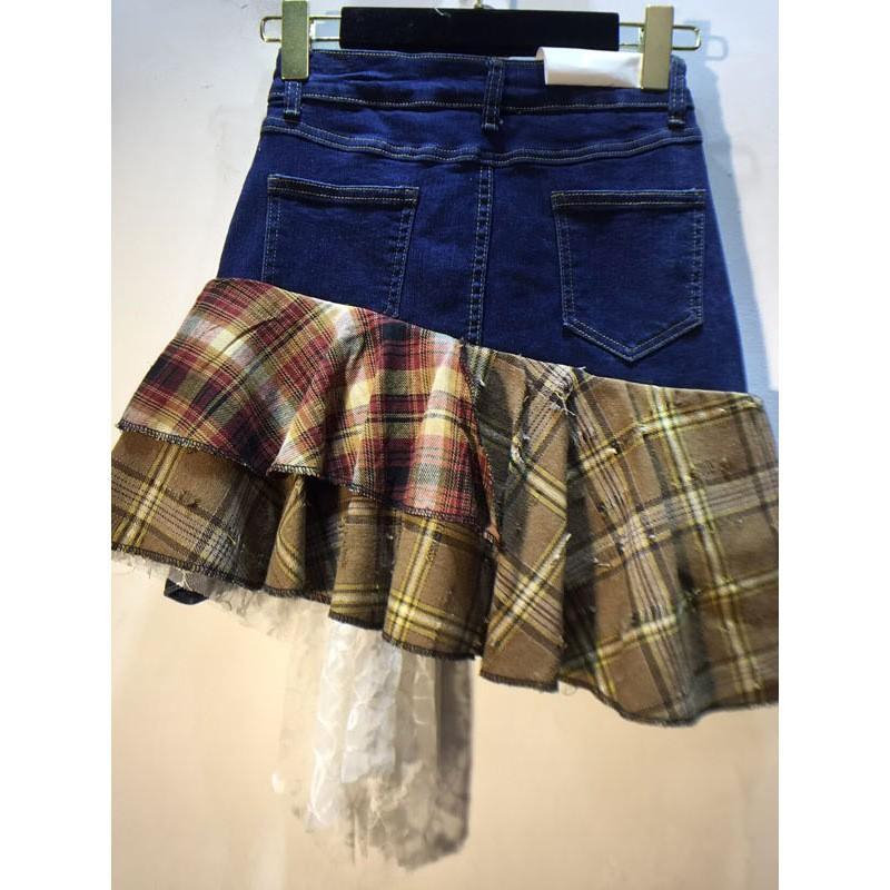 European Station Spring Clothing New Splicing Plaid Lace Skirt High Waist Elastic Denim Skirt Short Skirt