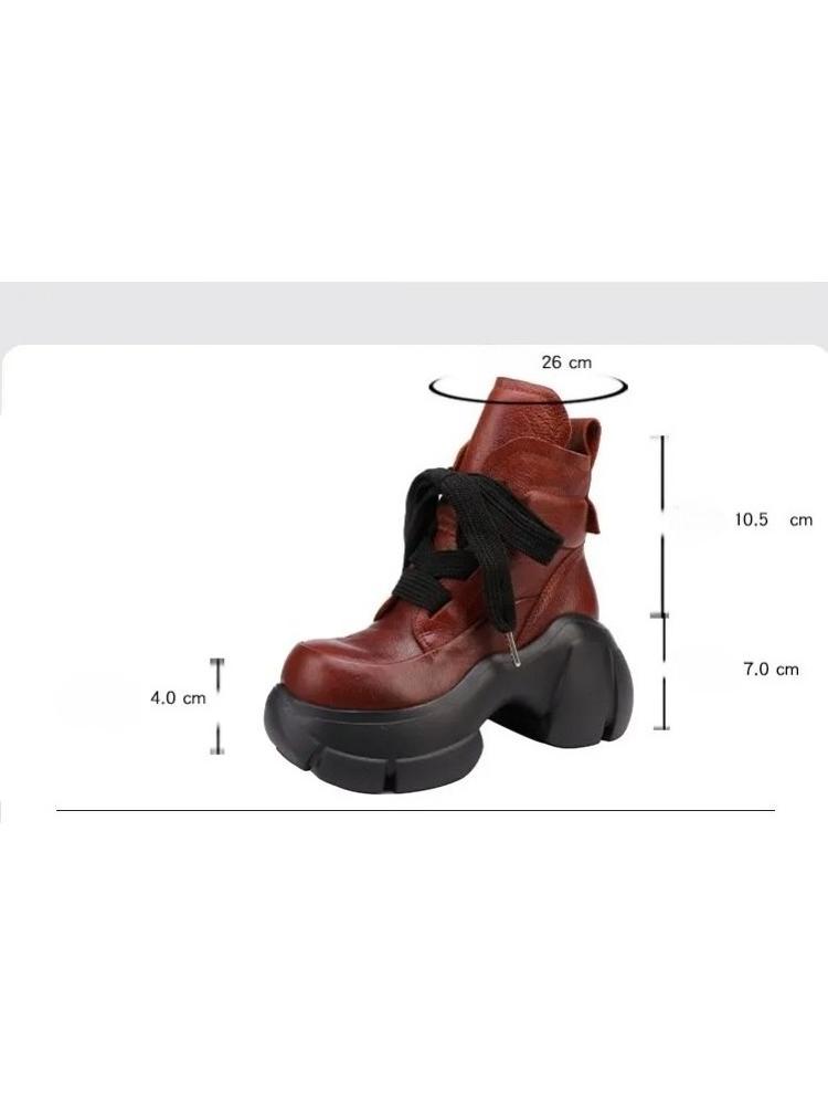 Johnature Genuine Leather Thick Soled High-heeled Boots Retro Lace-up Women's Short Platform Boots
