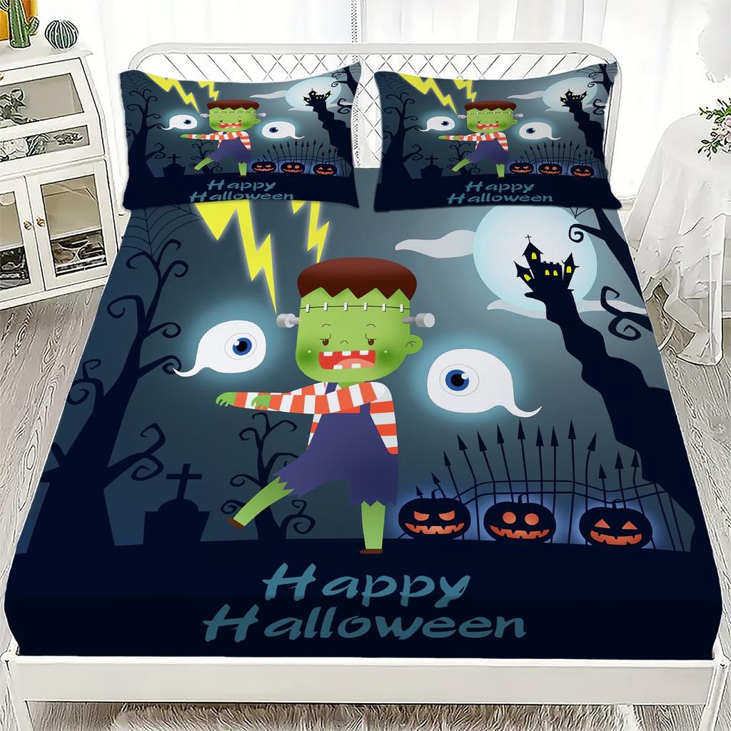 3pcs Halloween Bedding Set Cartoon Skeleton Pattern Fitted Sheet Bedroom Decor for Kids Halloween Decoration Bedding Set