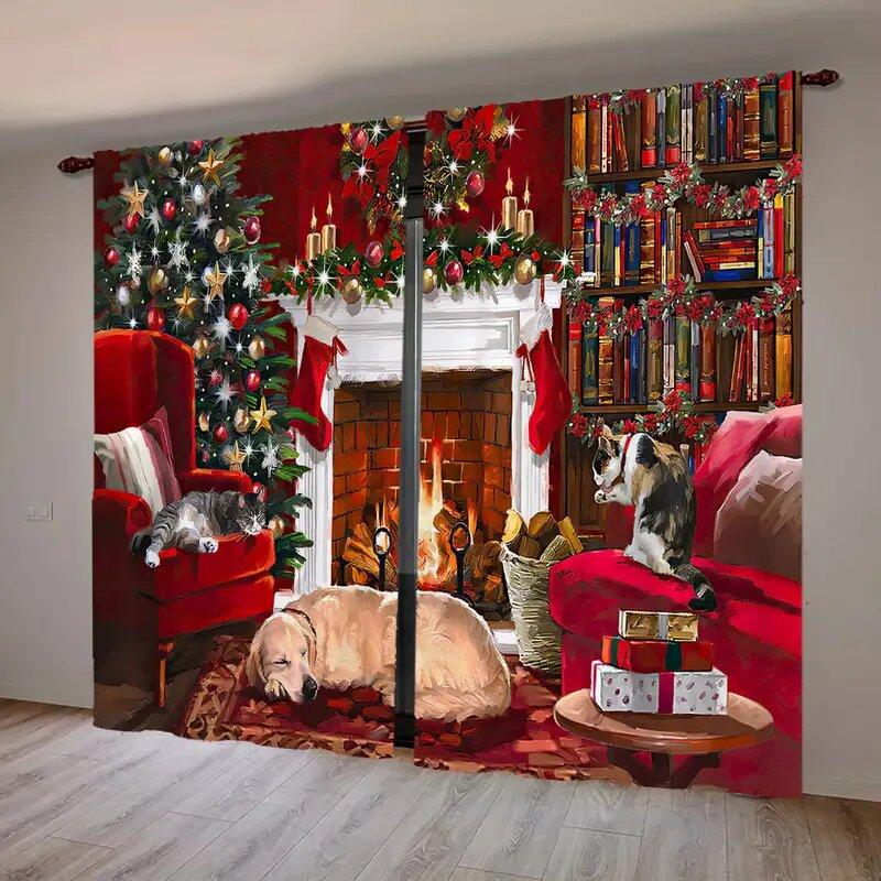 Set Of 2 Winter Snowflake Santa Claus Patterned Curtains Christmas Home Decoration Room Curtain Made Polyester