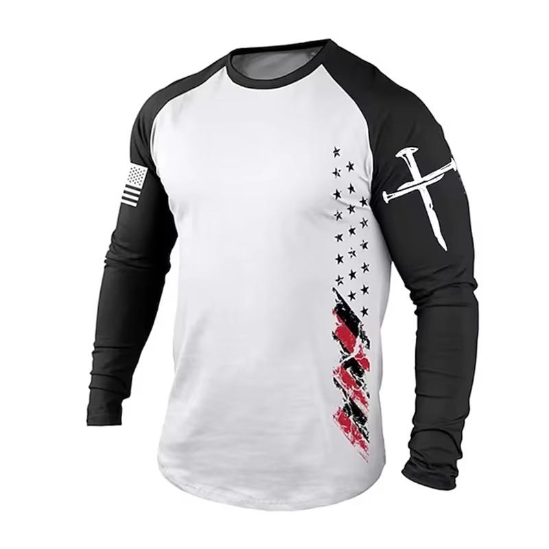Men's Long sleeves T-shirts Gym 3D Print USA Flag Casual Round neck Tops