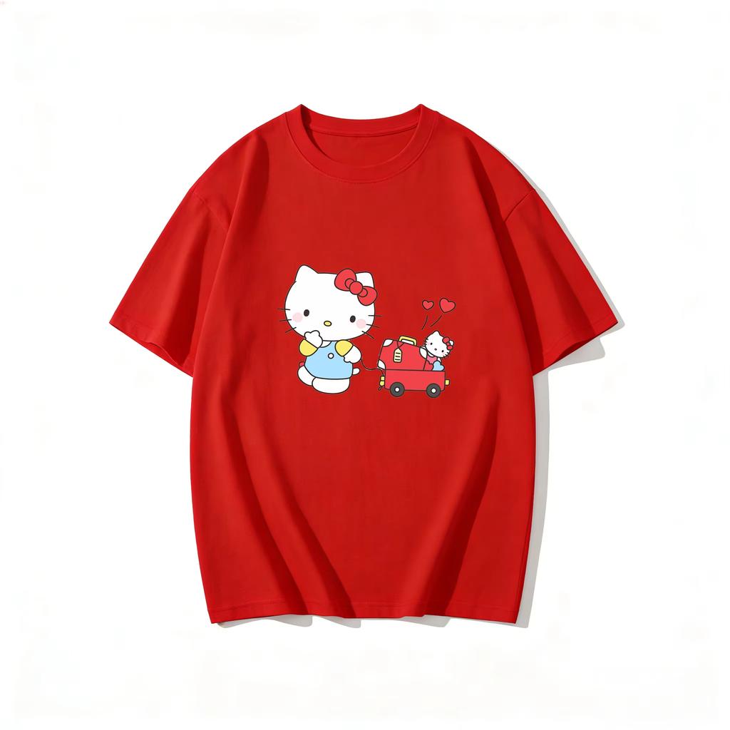 2026 Summer Hello Kitty Cartoon Printed Short Sleeve Pure Cotton Tshirt Womens Family Matching Outfits Classic Fashion Tee Top