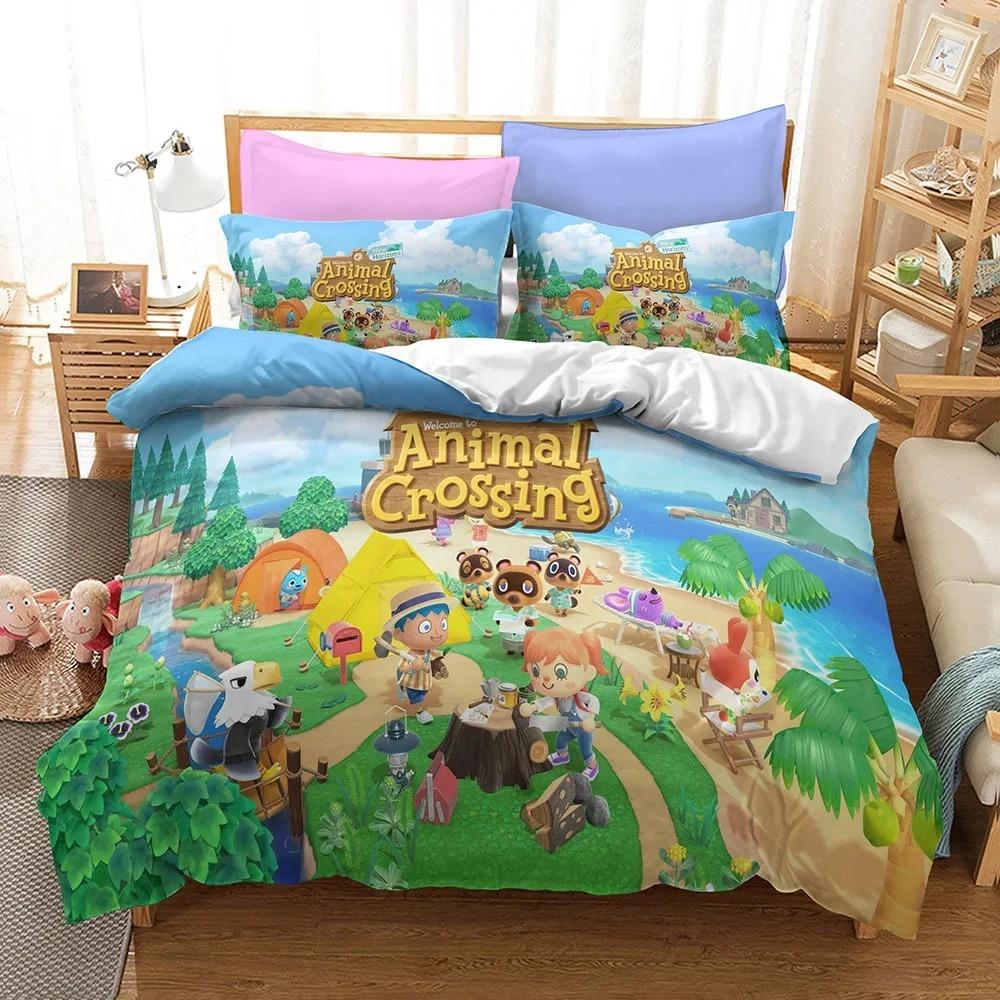 Kreskówkowy Zestaw Pościeli Animal Crossing Chłopcy Dziewczynki Rozmiar Twin Queen Poszwa na Kołdrę Poszewka na Poduszkę Łóżko Dzieci Dorośli Moda Tekstylia Domowe