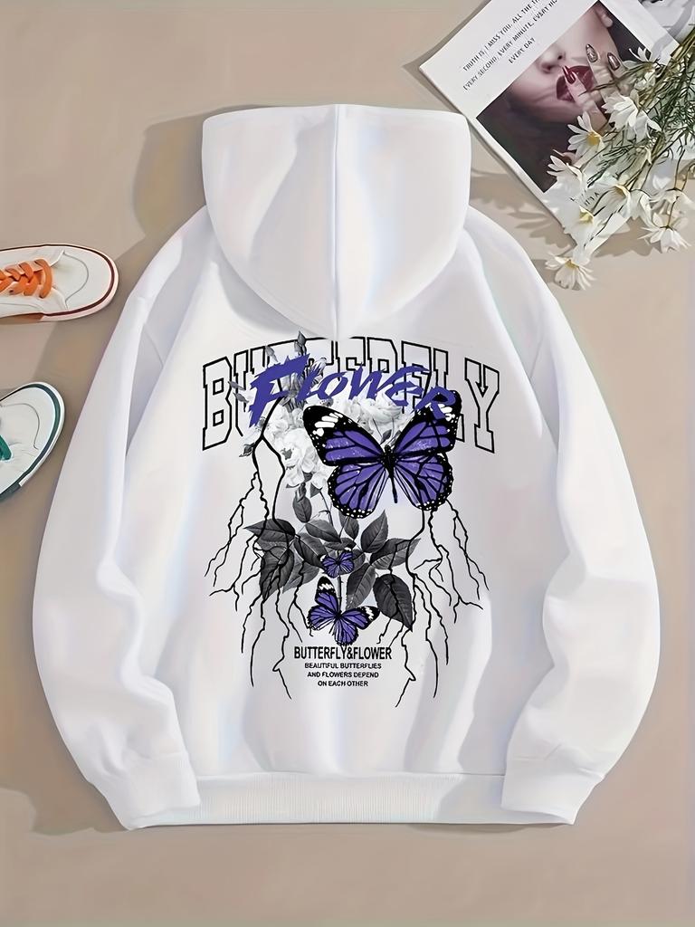 Butterfly Print Kangaroo Pocket Hoodie Casual Long Sleeve Drawstring Hoodies Sweatshirt Women's Clothing Comfortable and Stylish