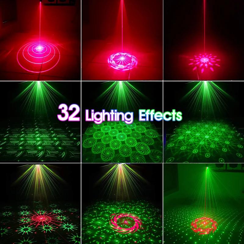 Rechargeable Battery R&G Projector Disco DJ Light 32 Patterns for Dance Bar Party Car Effect Christmas Decorate Stage Lamps