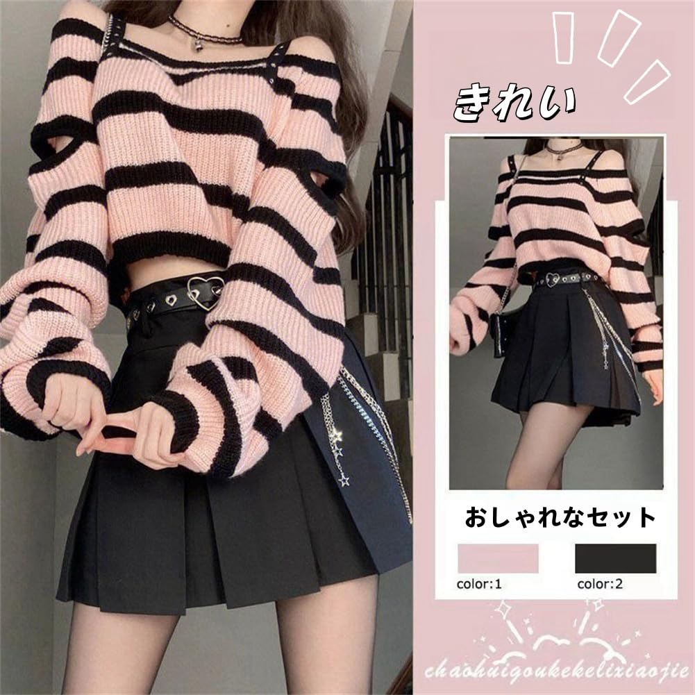 [SDSXZWG] "Jirai-kei" (Landmine-style) Knit Sweater 2-Piece Set for Women: Off-Shoulder Striped Long-Sleeve Top and Solid Color Pleated Skirt (No Belt