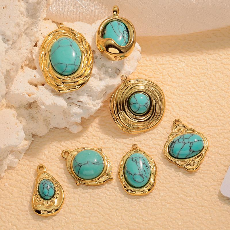 European Retro Turquoise Geometric Oval Pendant - Stainless & Titanium Steel Jewelry for Women