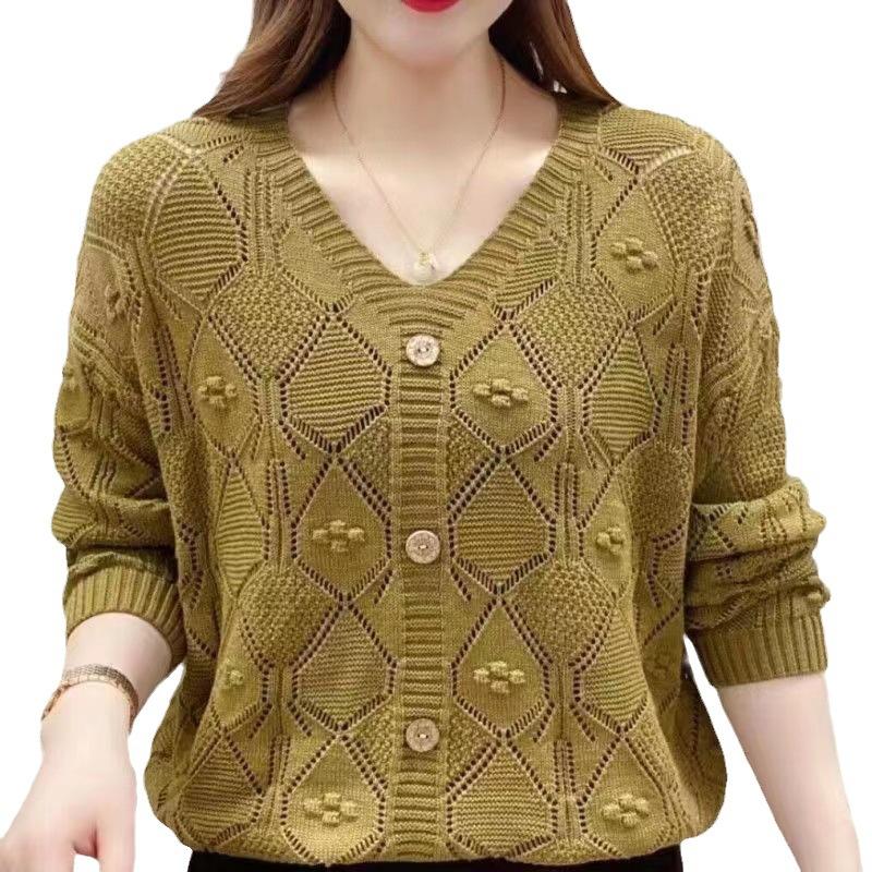 Spring and Autumn Casual Hollow Out Long Sleeved Sweater for Women V-neck Loose Solid Color Sweater for Women