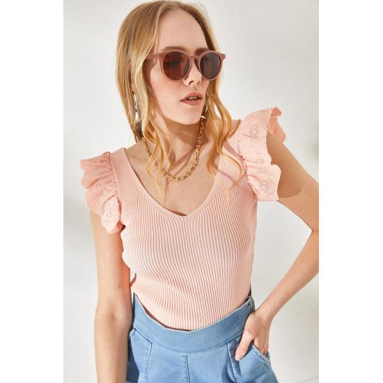 Damen-Strickbluse mit Rüschen vorne und hinten, V-Ausschnitt und Schultern