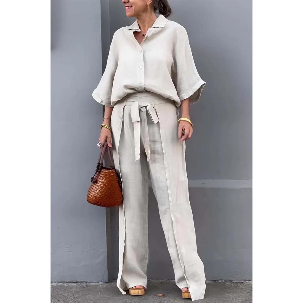 Elegant Office Ladies Suit Casual Solid Color Button Shirt Belt Wide Leg Slit Irregular Pants Sets 2 Piece Set Spring Autumn