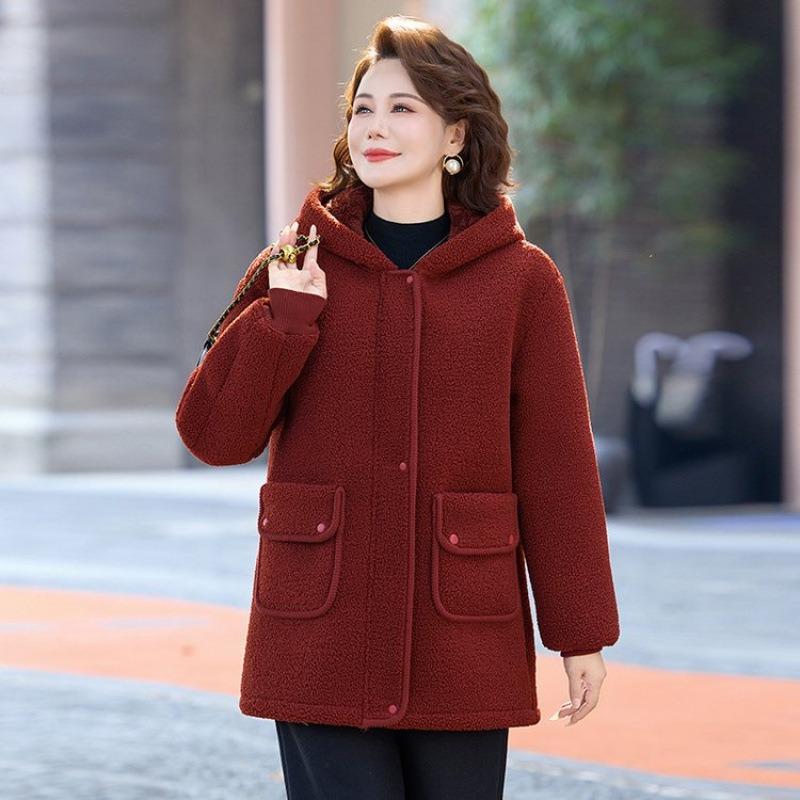 Medium and old women's clothing women's hooded lamb wool medium and long coat women's autumn and winter warm woolen top multi-color versatile model