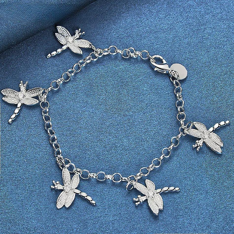 Sterling Silver Bracelet Crystal Zircon Dragonflies Charms Bracelets for Women Fashion Wedding Party Jewelry Gifts