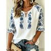 Women's Red & White Floral Embroidered Tie Neck Blouse, Casual Loose Tops for Spring Summer