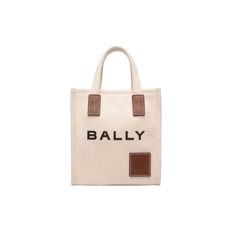 Bally Akelei Logo Print Baumwollstoff Mit Lederbesatz Mini-Tragetasche Damen Tasche Beige 6307810