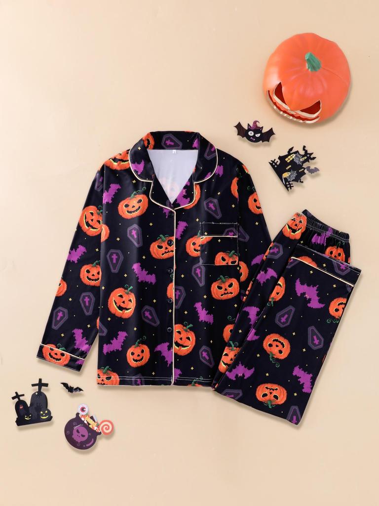 2025 Women's Long-Sleeve Pajama Set: Halloween Lapel Homewear for Spring & Autumn