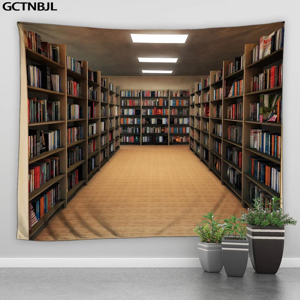 VIKAMA Retro Library Bookshelf Tapestry Modern Minimalist Study Background Cloth Literary Retro Style Living Room Decoration