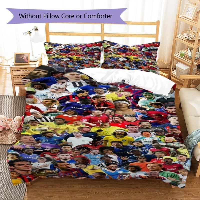 Football Stars Collage Poster 3Pcs Bedding Set, Duvet Cover with 2 Pillowcases, Soccer Fan Bed Linens, No Comforter No Pillow Core