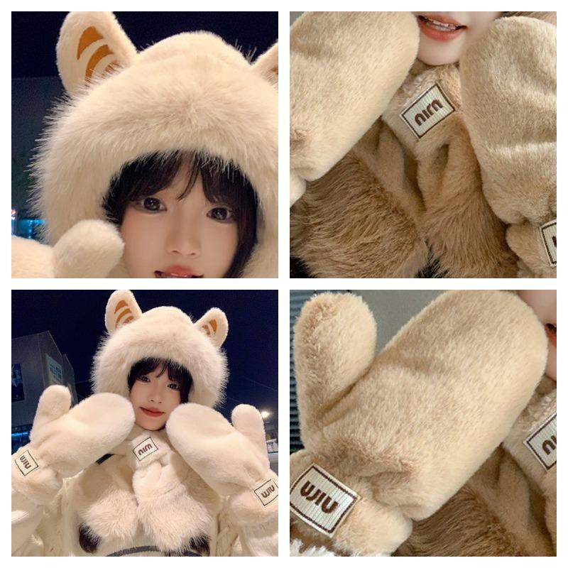 Women's Scarf-Hat Set with Adorable Tiger Ears Winter Thickened Two-Piece Cycling Set Warm Ear Protection Cold-Resistant Plush Hat