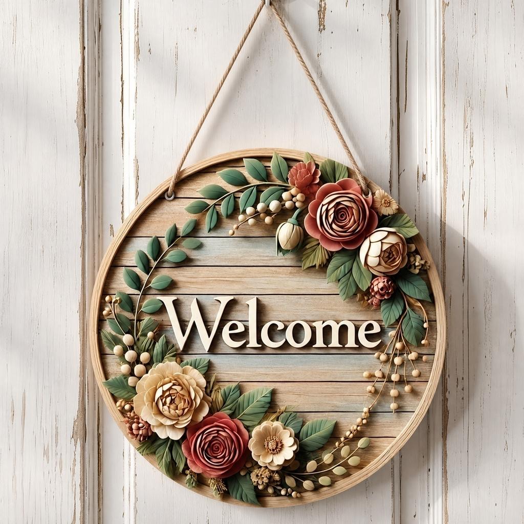 Christmas Wreath Welcome Door Sign Round Plaque Holiday Party Decoration for Indoor Outdoor