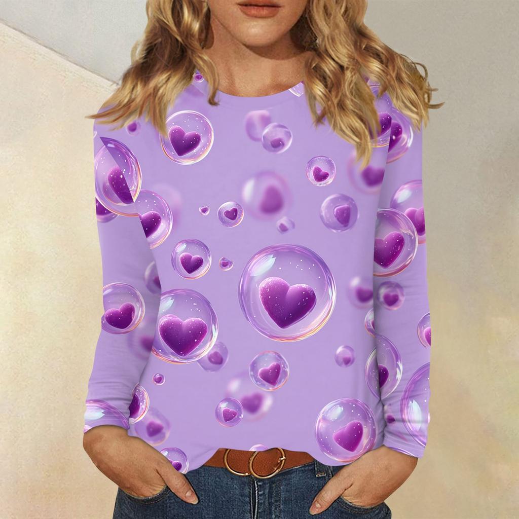 Damen Valentinstag Modisches Herzmuster Rundhals Langarm Pullover Top