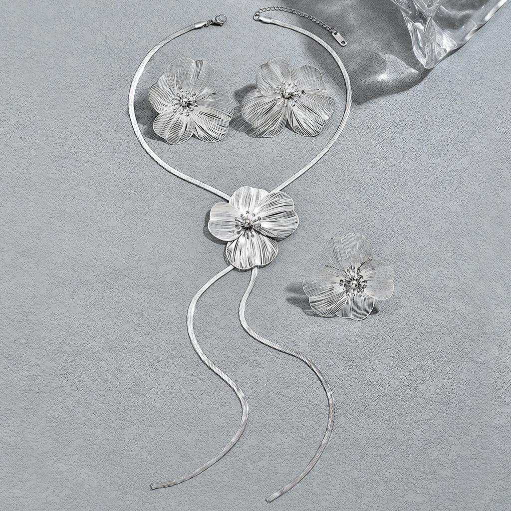 Set di Gioielli Floreali Geometrici alla Moda per Donna Orecchini a Pendente Floreali Texturizzati e Collana a Y Anello da Festa e Matrimonio Indossabile in Tutte le Stagioni