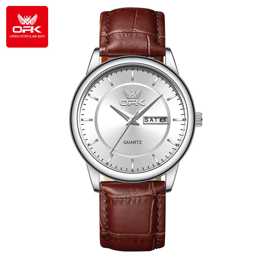 OPK 6022 Men Watches Elegant Fashion Quartz Wristwatch for Men Waterproof Leather Strap Dual Calendar Window Display Watch
