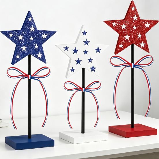 3 Pcs 4th of July Wooden Star Signs, Red White Blue Glitter Patriotic Star Table Centerpiece for Independence Day, Tiered Tray, Tabletop Decor