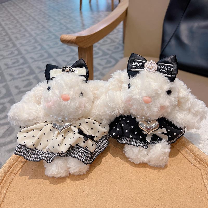 Polka Dot Plush Bunny Keychain: Cute Lop-Eared Hair Tie, Skirt Rabbit Backpack Charm.