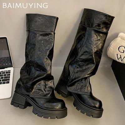 Dámské Vysoké boty Platforma Vysoké podpatky Kožené Boty Žena Trend Goth Zima Nový Punk Vysoký Motocykl Botas De Mujer