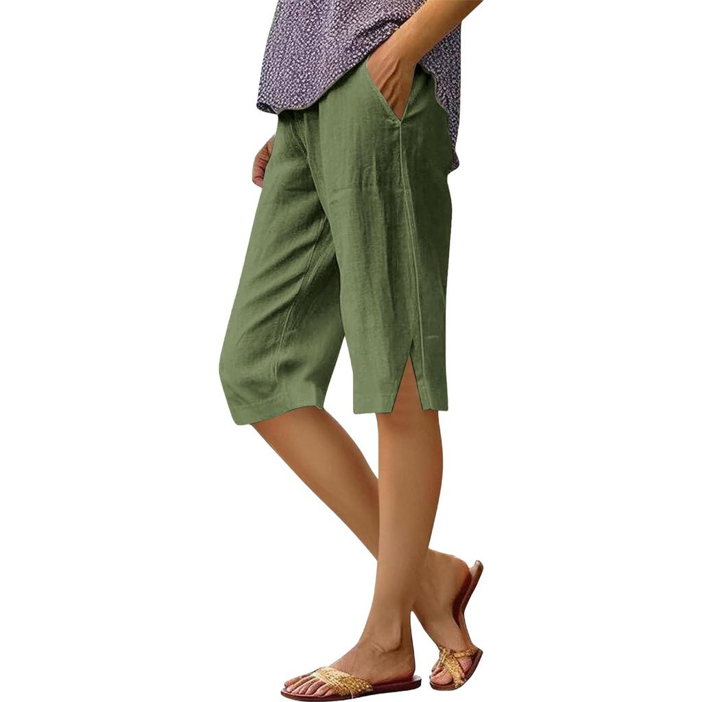 Women's Fashion Solid Color Loose Pocket Elastic Waist Cotton Linen Casual Five Pants