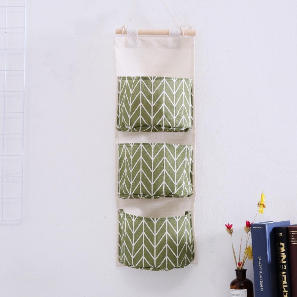 

3 Pockets Hanging Organizers Waterproof Wall Mounted Hanging Storage Bag Cotton Linen Large Capacity Sundries Bags Home Decor зелений