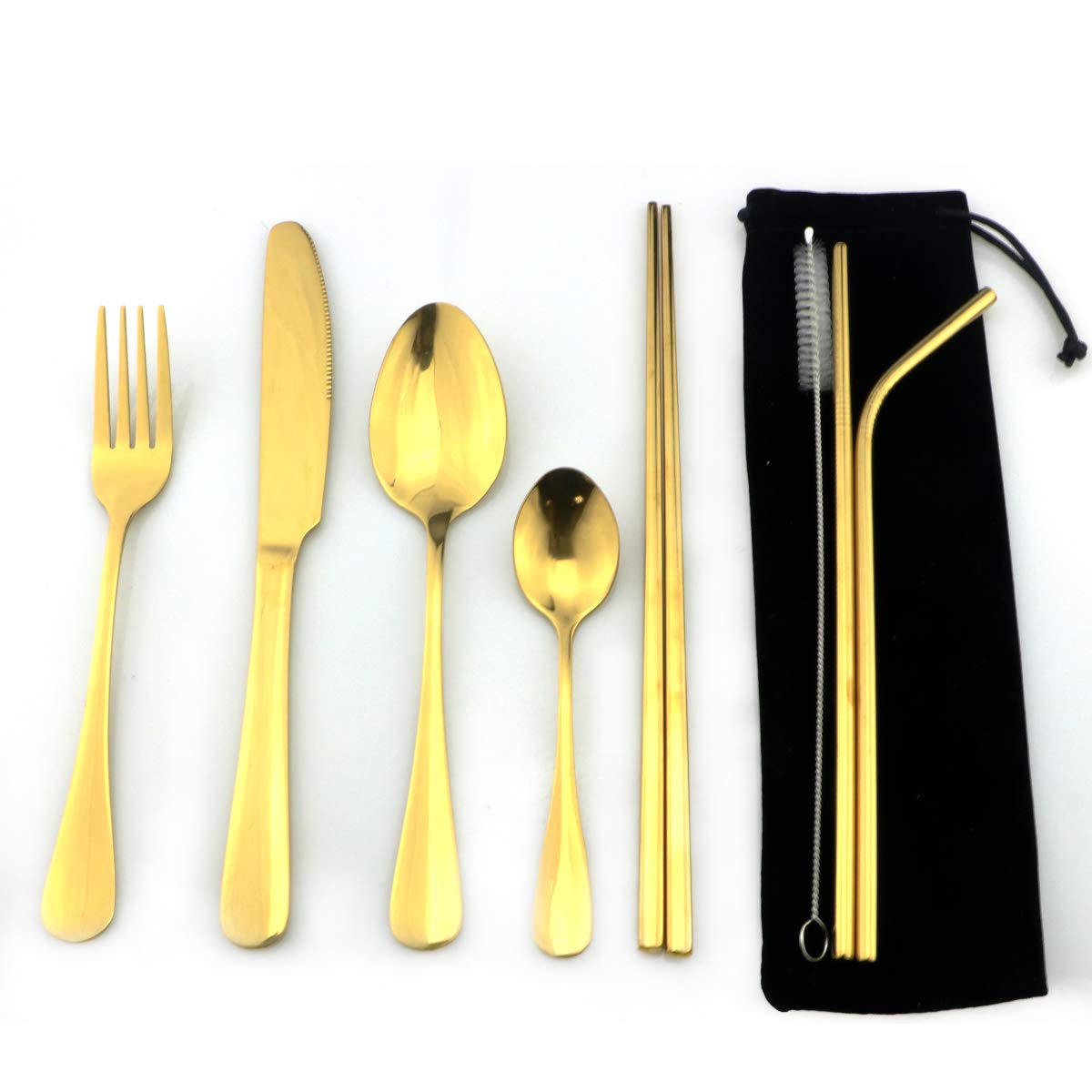 

Портативный набор посуды из нержавеющей стали, 8 шт./компл., набор радужной посуды, 18/10, ложка, вилка, палочки для еды, соломенные столовые приборы для путешествий, кемпинга с чехлом золотой