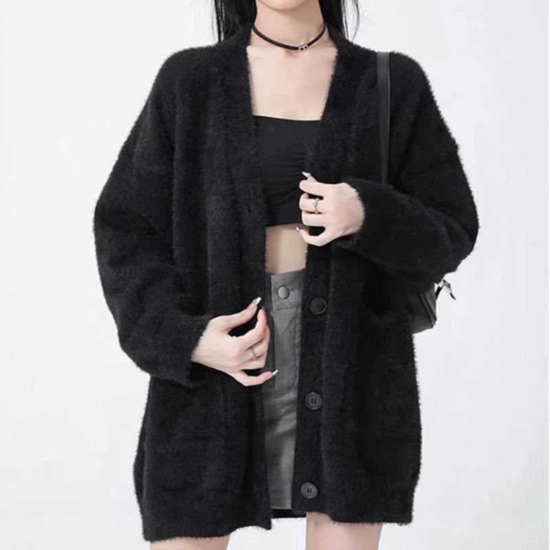 

Casual Faux Mink Velvet Knit Cardigan with Pockets - Women s V-neck Shawl Outerwear One Size