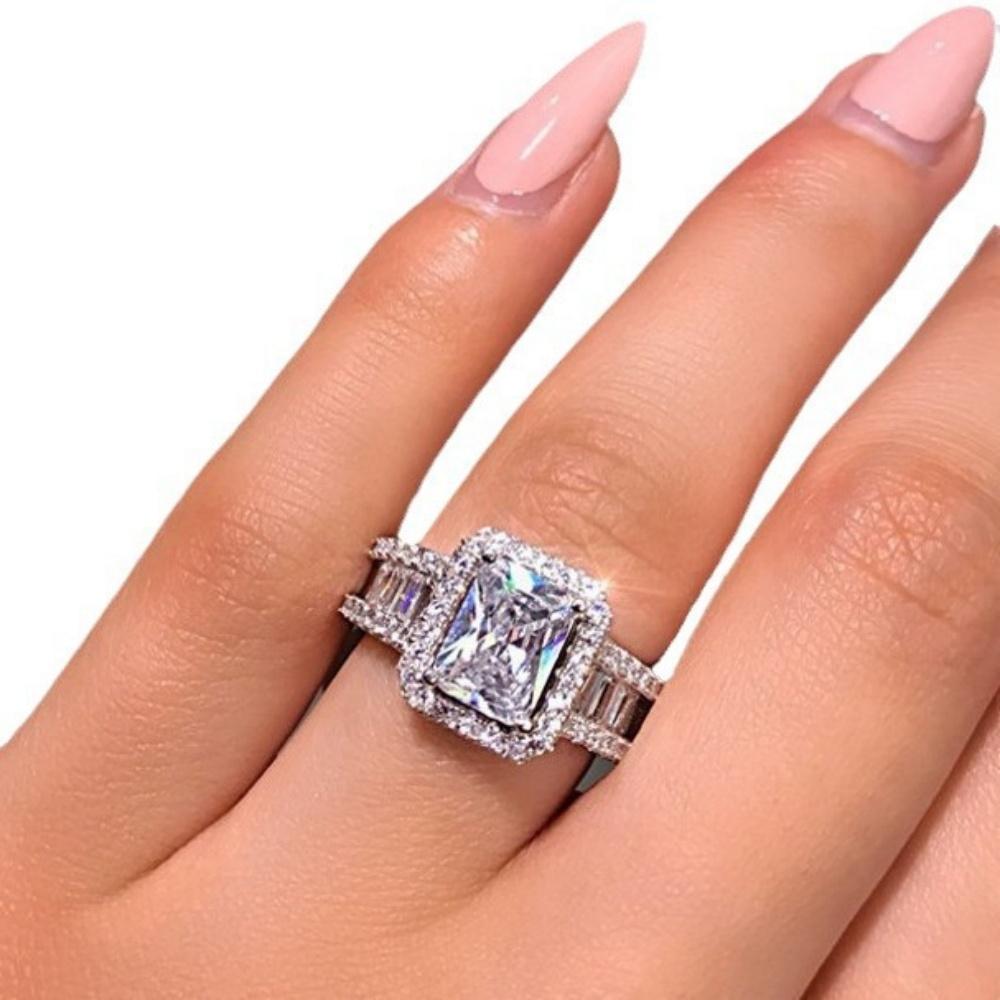 New Silver Plated Stainless Steel Rings For Women Square Cubic Zircon Ring Jewelry Accessories Size 5-11