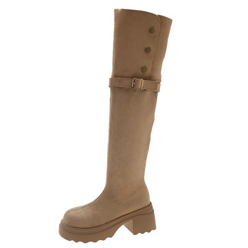 Fashion 2025 Autumn Fashion Suede Wear Thick-heels Women's The Knee Boot Retro Anti Slip Outdoor Knight Ladies Boots