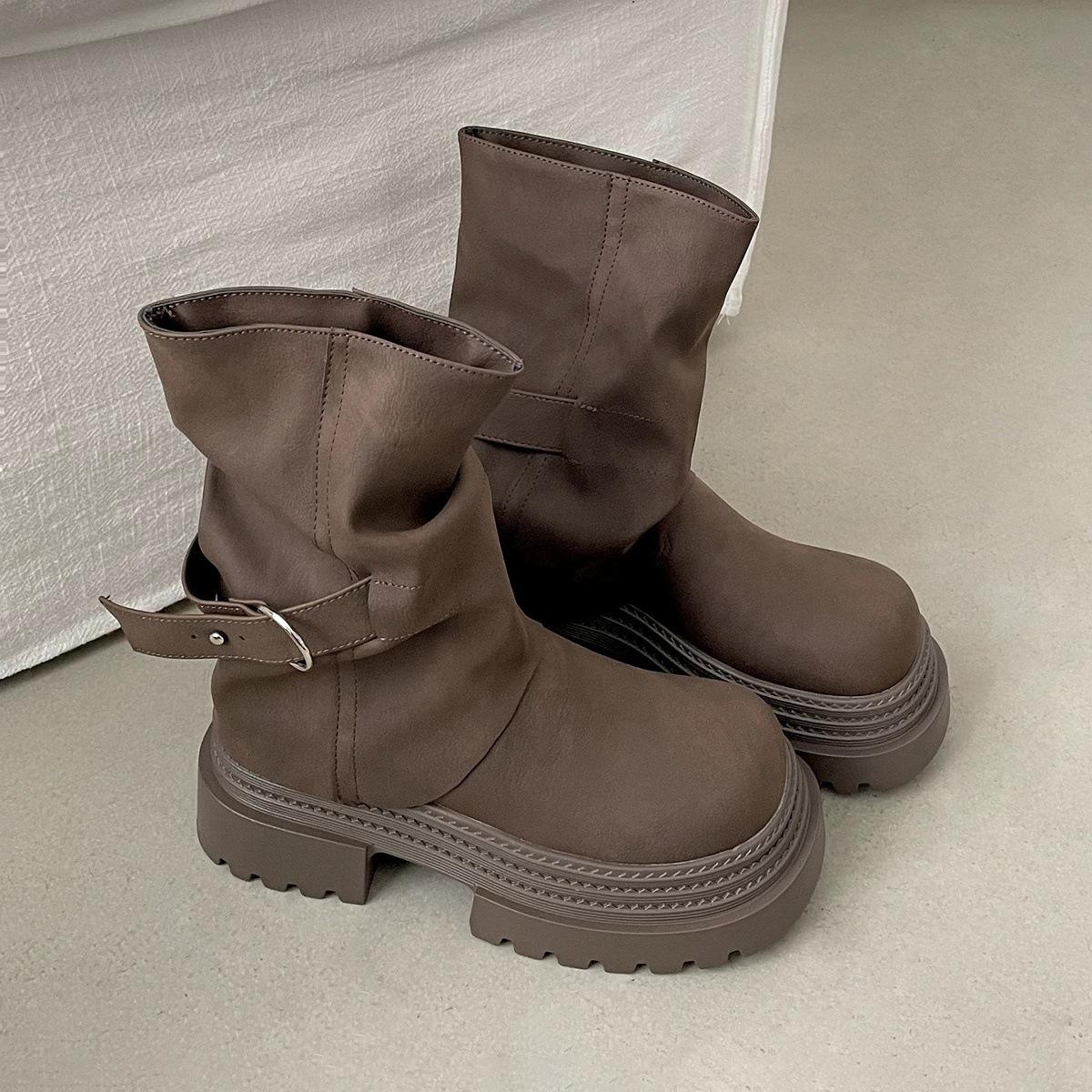 Vintage British Thick Heel Martin Boots Summer Maillard Pants Short Boots 39 коричневый