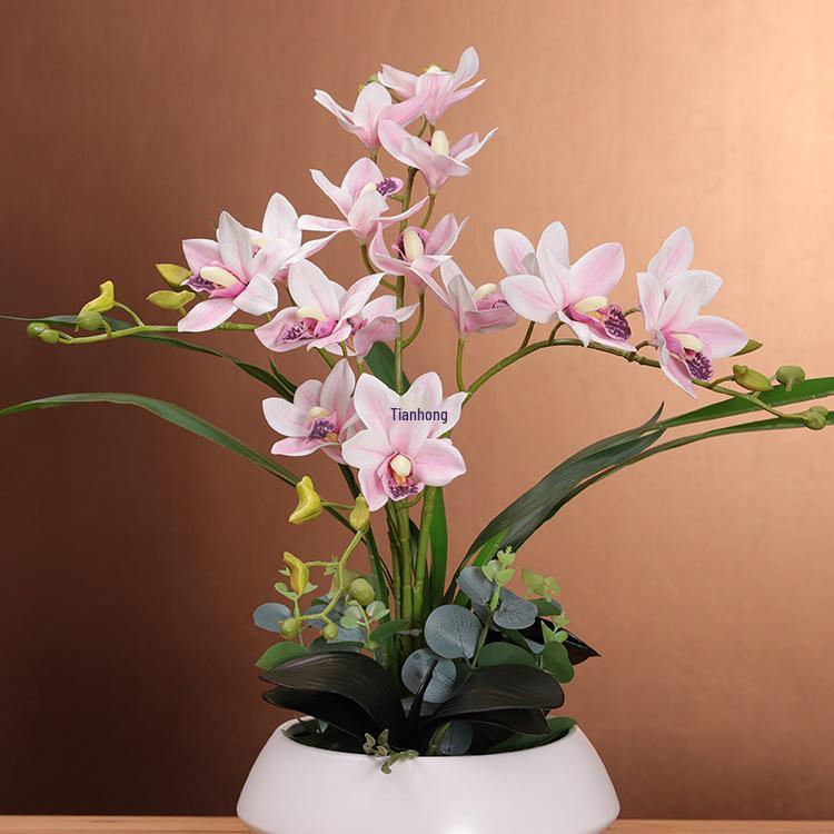 Umelé kvetinové aranžmán s orchideou Cymbidium pre obývaciu izbu, jedálenský stôl alebo na vystavenie na TV skrinke