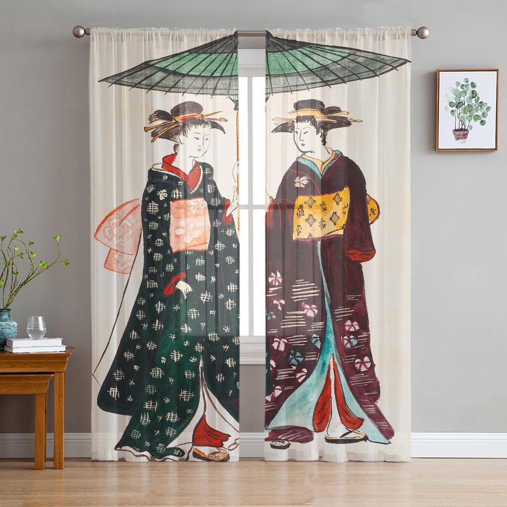 Kimono Japanese Female Geisha Curtain For Living Room Transparent Tulle Curtains Window Sheer For The Bedroom Accessories Decor