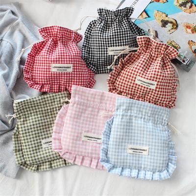 Korean Cute Ruffle Edge Drawstring Bag Retro Plaid Drawstring Bags Large Capacity Travel Organizer Bags Jewelry Dust Bag
