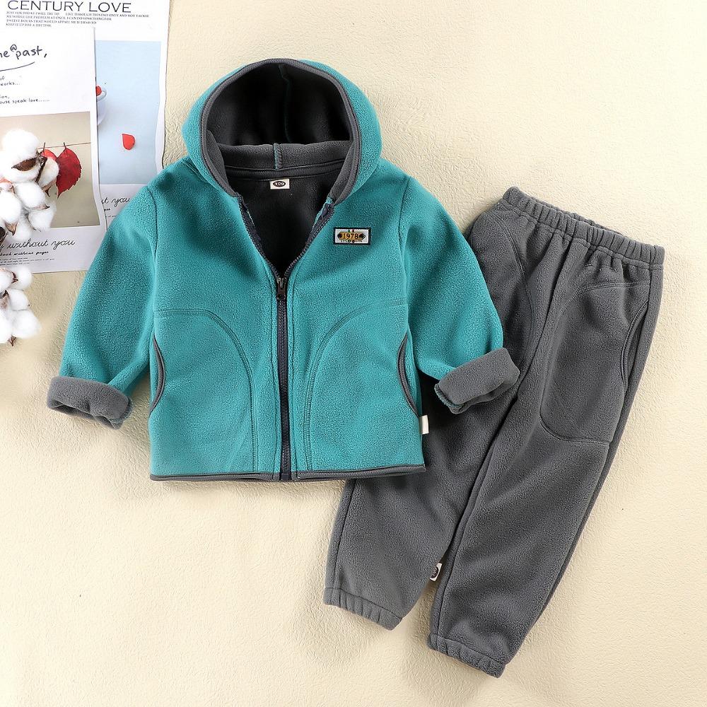 Autumn & Winter Kids' Thickened Warm Casual Outfit Sets – Soft Fleece Solid Zipper Hooded Coat + Pants Suit for Baby Boys and Girls