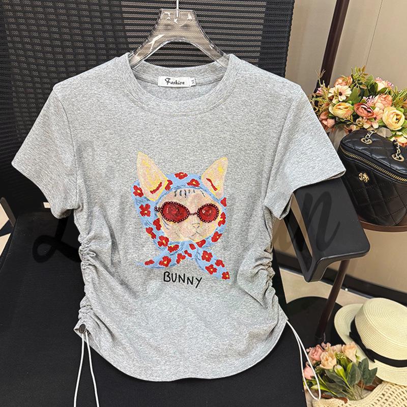 

European Style Beaded Embroidery Short-Sleeve T-Shirt - Women’s Summer Niche Design M серый