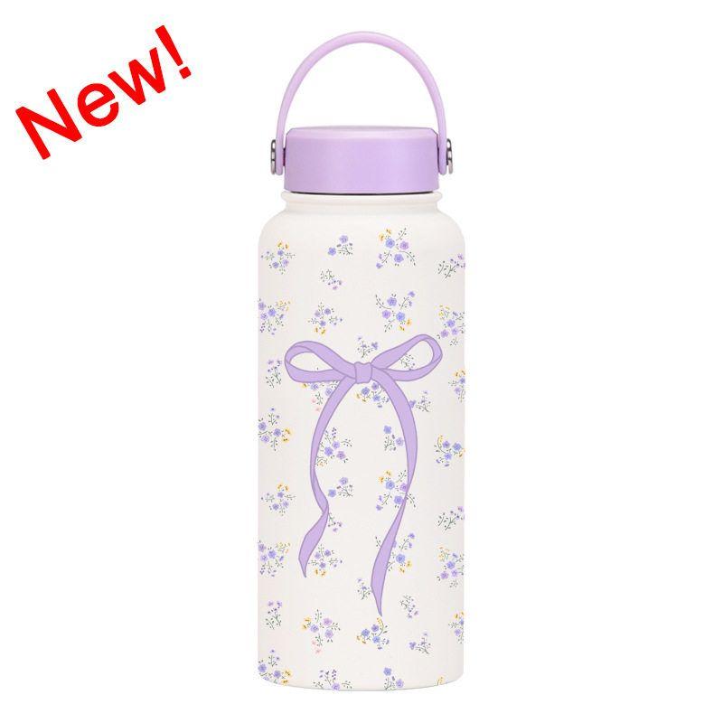 2025 New Model 1L Large Capacity Thermos Cup with Wide Mouth, Portable Handle, Sports Water Bottle, Outdoor Printed Water Cup for Women