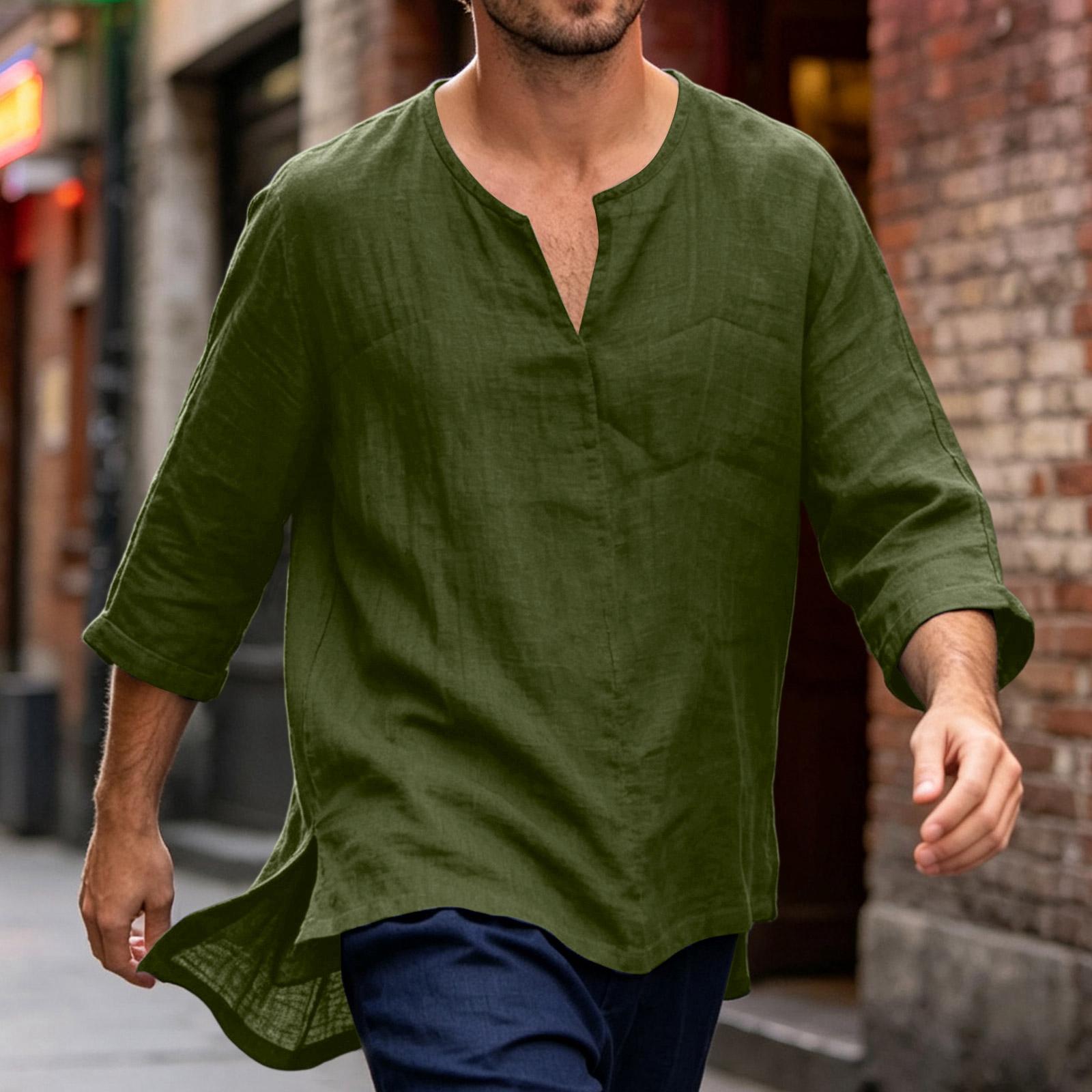 

Men’s Cotton Linen Casual Seven Quarter Sleeve Loose Fit Shirt with V Neck and Lightweight Breathable Fabric for Daily Wear L армия зеленый