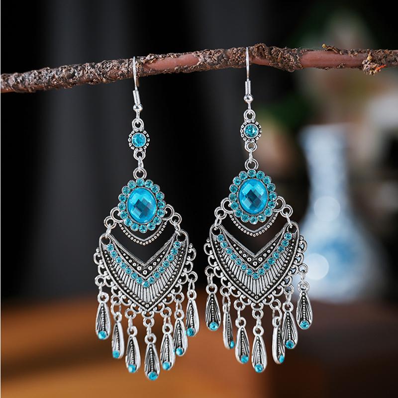 Bohemian Ethnic Colorful Rhinestone Acrylic Drop Earrings for Women Vintage Long Antique Silver Color Tassel Earrings Jewelry