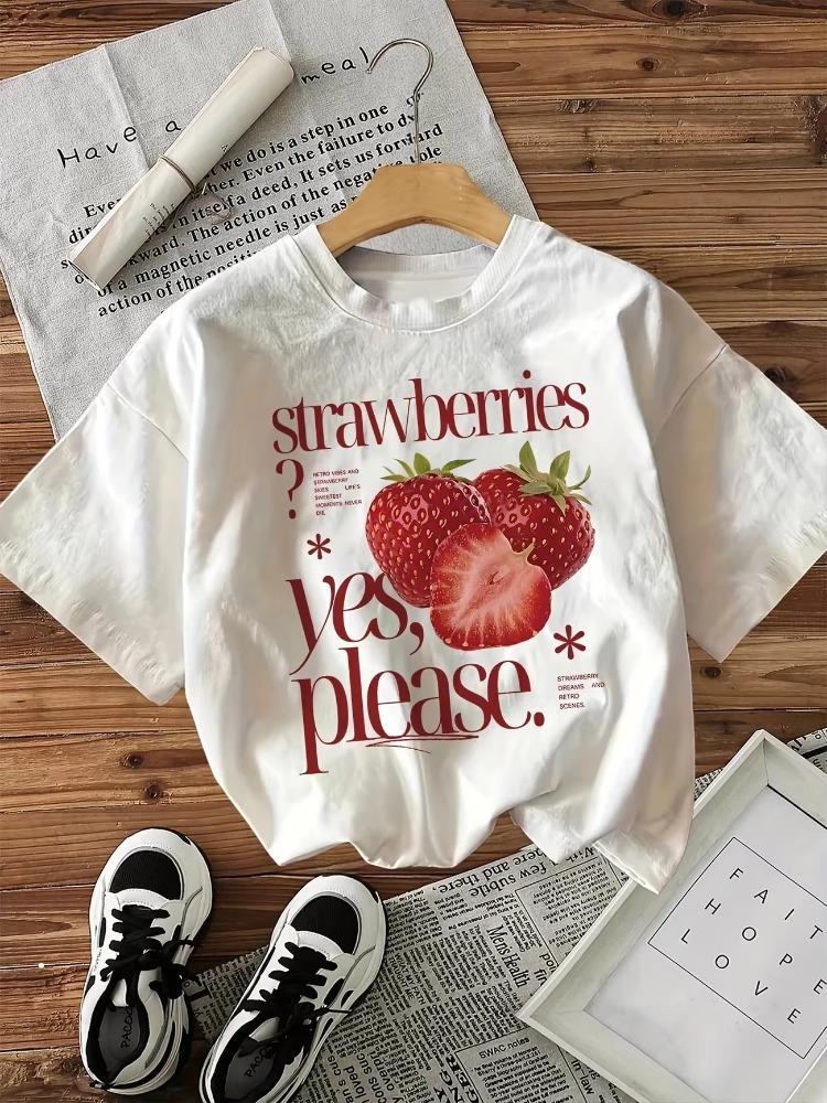 Vintage 100% Cotton T-shirt Strawberry Graphic Print Women'S Summer Casual Printed T Shirt Round Neck Short Sleeve Top Tee
