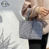 Plaid Women's Lunch Bag Handbags Canvas Ladies Small Tote Purse Shoulder Bags Retro Female Cloth Reusable Travel Shopping Bag
