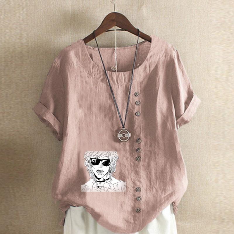 Women's Fashion Round Neck Short Sleeve T-shirt Casual Cotton Linen Graphic Shirt Leisure Loose Cool Boy Prined Summer Blouse Tops