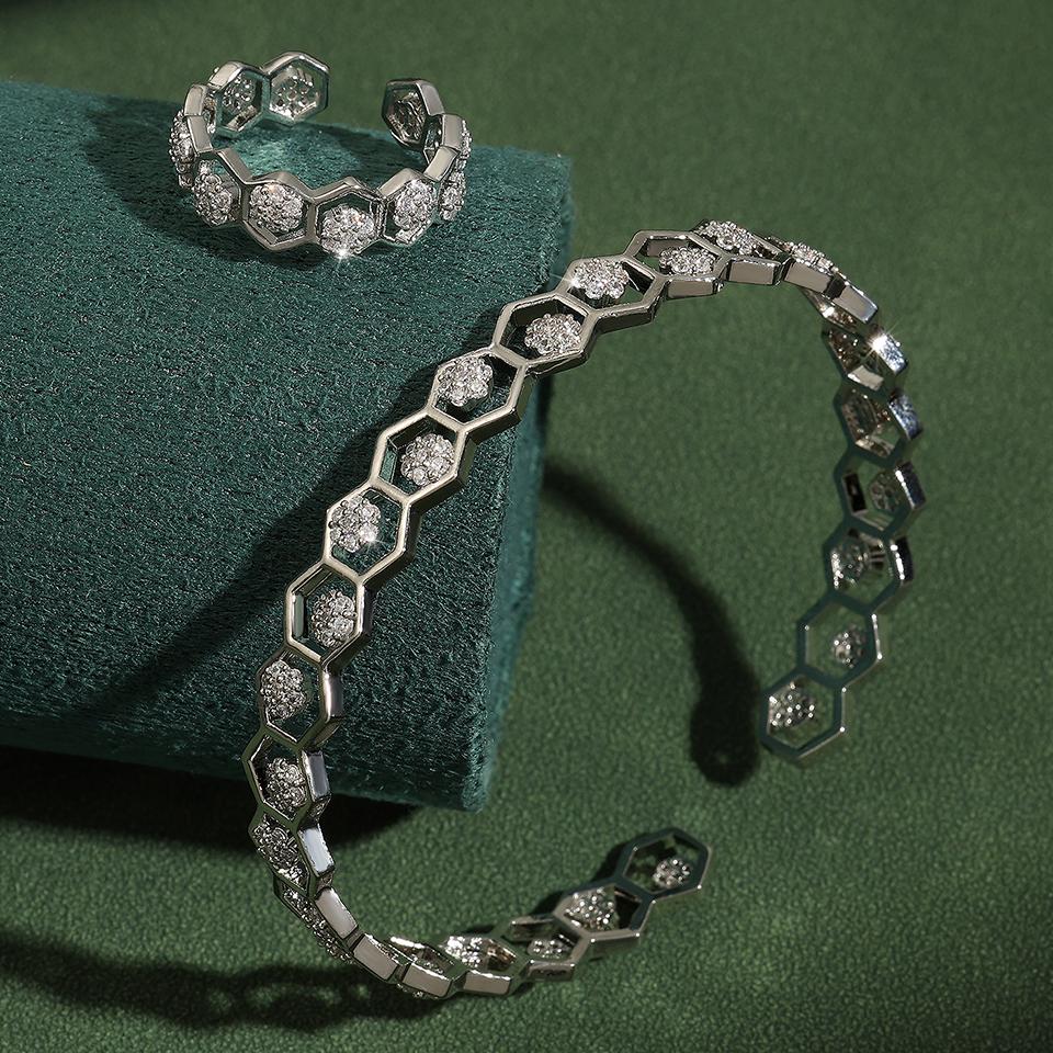 Htpwe Copper Metal Honeycomb Hexagonal Hollow Opening Bracelet Ring Set For Women 18k Gold Couple Holiday Gift Set Party Zircon