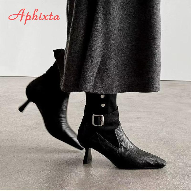 Fashion Aphixta High Heels Women Ankle Boots Elegant Metal Decoration Woman Modern Boot Side Zipper Sexy Soft Leather Women's High Boots